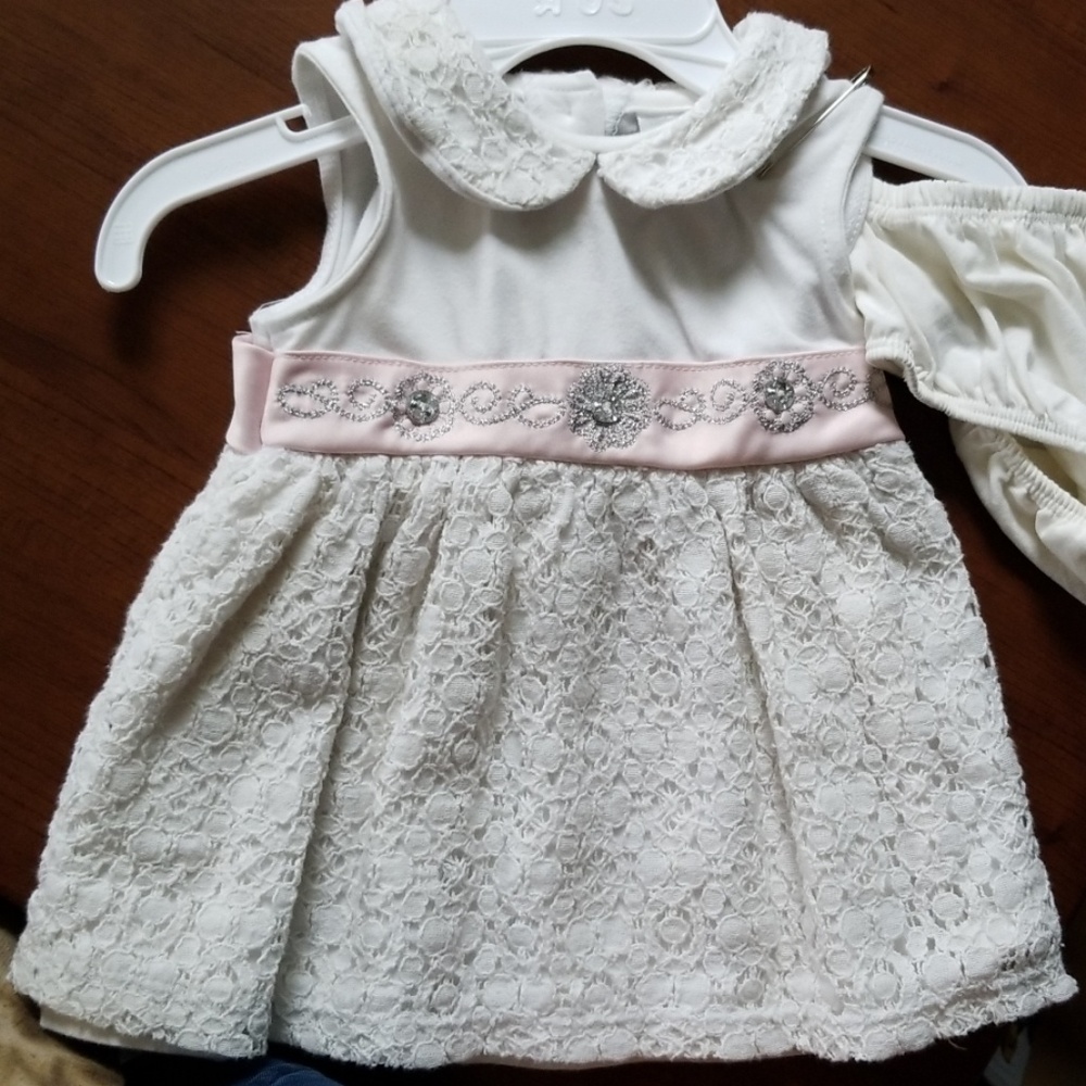 Lace detail baby dress, matching diaper cover